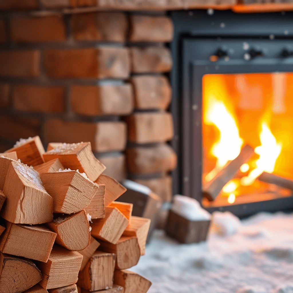 En varm pejs med glødende flammer, en stak af træbriketter i nærheden og blid snefald synlig gennem vinduet, der skaber en hyggelig vinterstemning.