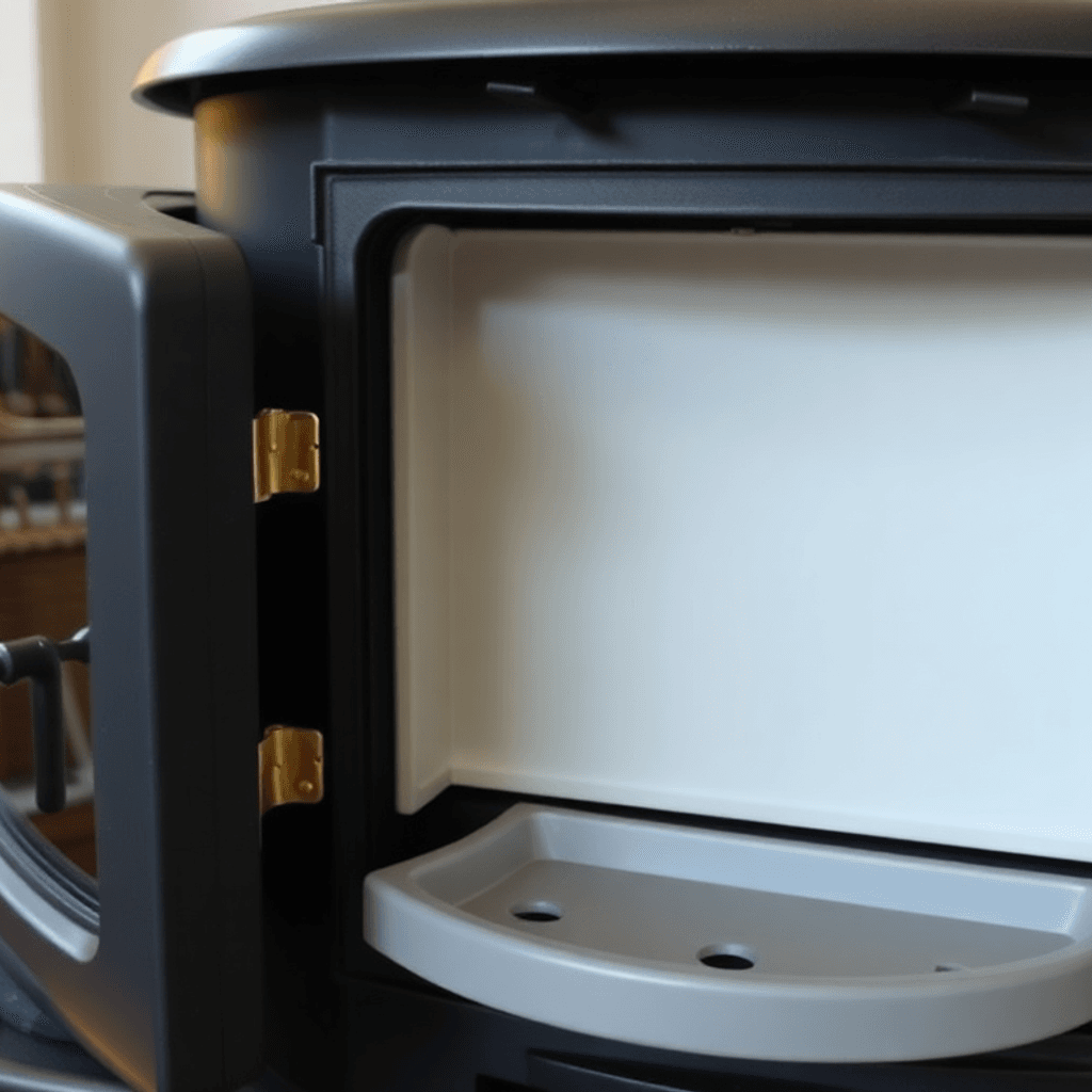 Brændeovn med klart glasdør og poleret overflade i en hyggelig, varmt oplyst stue.