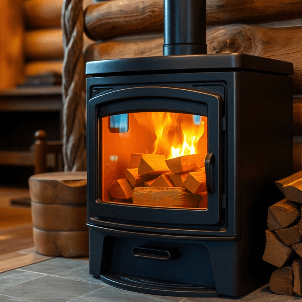 Hyggelig moderne brændeovn med glødende flammer fra ensartede briketter, stablede briketter ved siden af, i et rustikt rum med varme træstrukturer ...