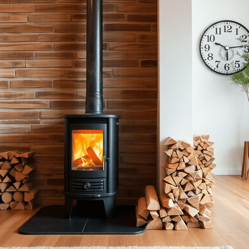 Hyggelig moderne stue med en renbrændende brændeovn og pænt stablede miljøvenlige træbriketter, som symboliserer bæredygtig hjemmeopvarmning.