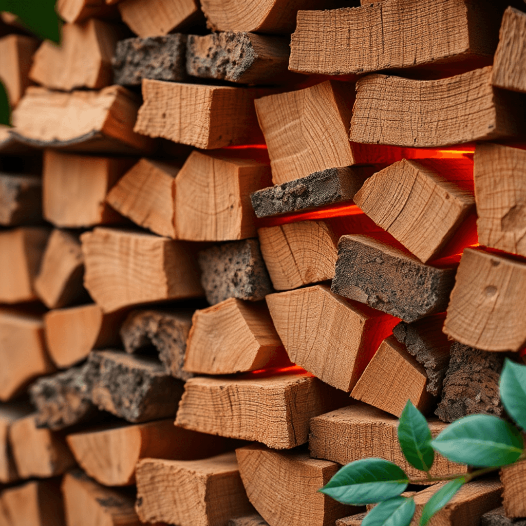 Nærbillede af glødende træbriketter, der er pænt stablet med naturlige træstrukturer og grønne blade, der symboliserer miljøvenligt opvarmningsbræn...
