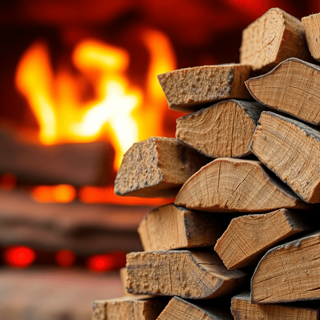 Nærbillede af pænt stablede briketter med detaljeret tekstur foran en varm, strålende pejs, der fremhæver kvalitet og effektiv opvarmning.