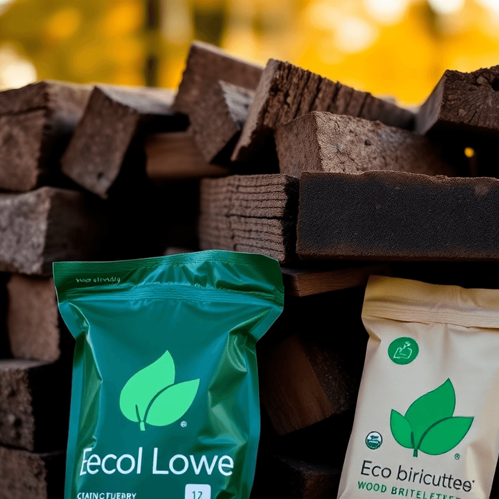 Nærbillede af stablede miljøvenlige træbriketter med et grønt blad økologisk mærke, sat mod en varm, naturlig baggrund, der fremhæver bæredygtighed.