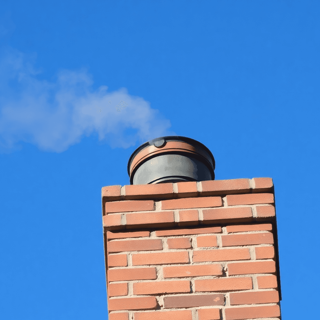 En ren skorsten, der udsender let røg mod en klar blå himmel, symboliserer sikker og effektiv brug af pejsen.