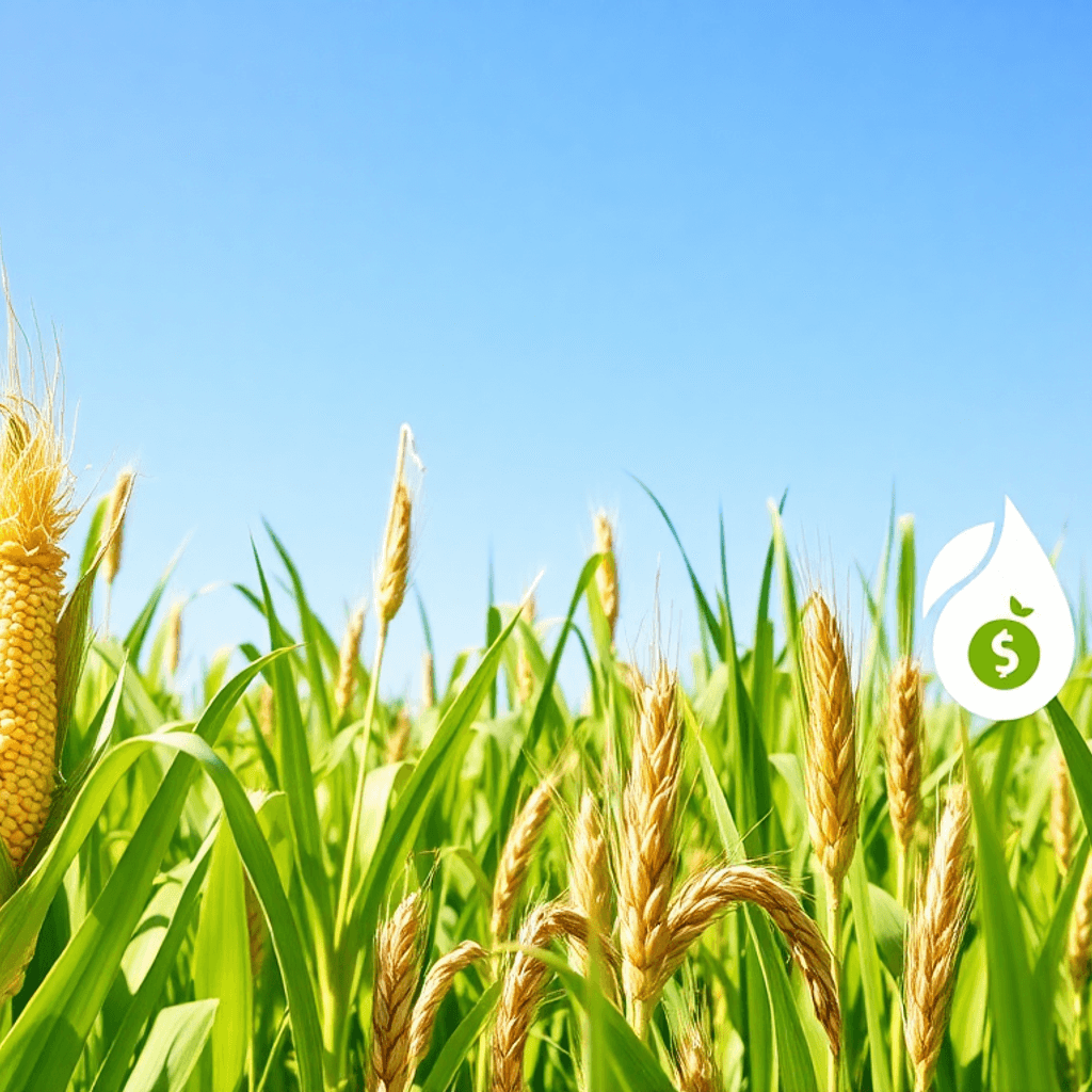 Et levende felt med majs, sukkerrør og hvede under en klar blå himmel med grønne energisymboler som blade og miljøvenlige brændstofsymboler overlayet.