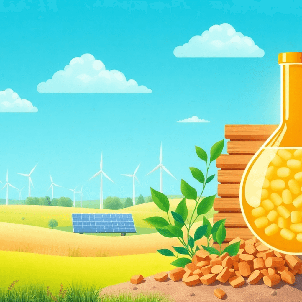 Foto af træpiller, grønne planter og en glødende bioethanolflaske med vindmøller og solpaneler i et naturskønt landskab, der symboliserer vedvarend...