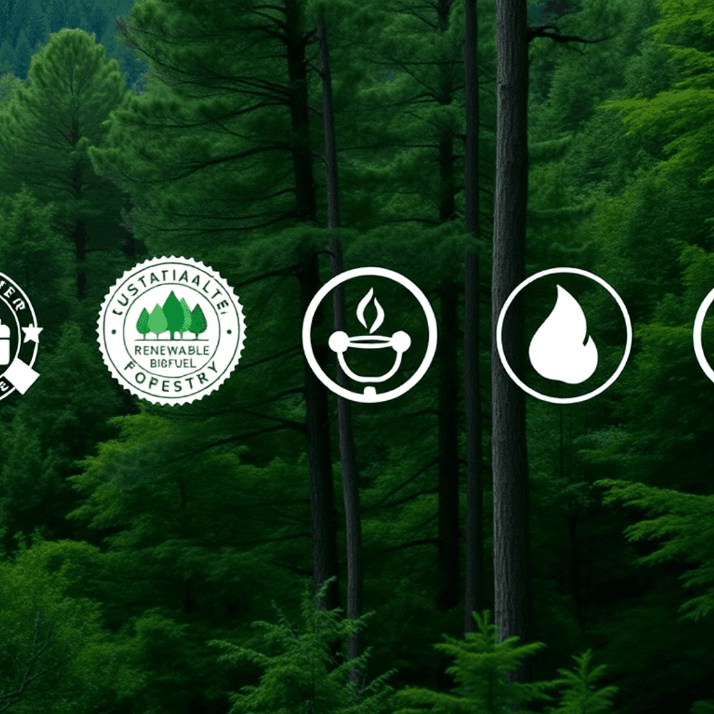 Frodig grøn skov med overlay af certificeringsmærker og miljøvenlige ikoner, der symboliserer bæredygtig skovdrift og produktion af vedvarende biob...