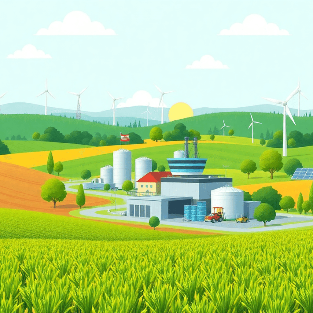 Frodige grønne marker med biofuelafgrøder, et moderne biofuelanlæg, vindmøller og solpaneler under en klar himmel, der symboliserer ren energi og b...