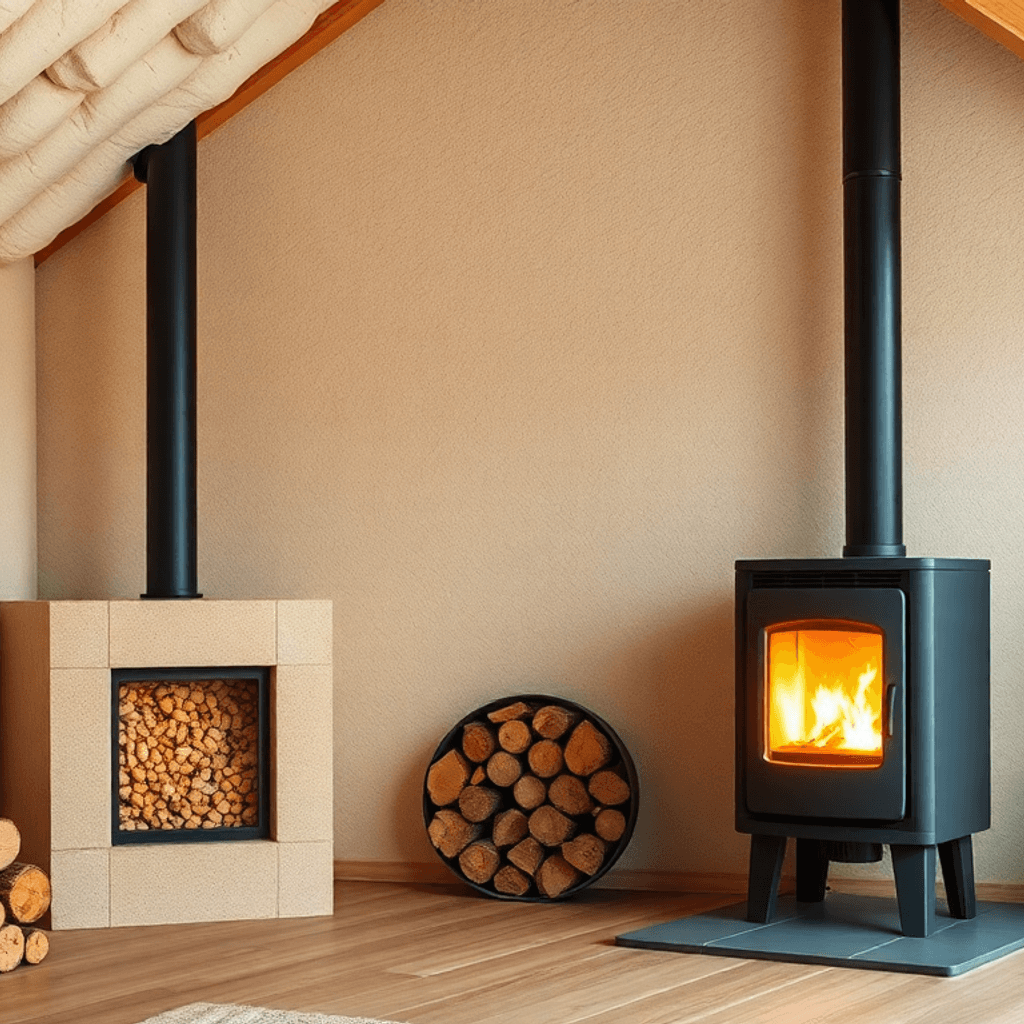 Hjemmeinteriør i moderne stil med hyggelig atmosfære, der viser isoleringslag på væggene, en glødende træpilleovn, brædder og grønne planter, som f...