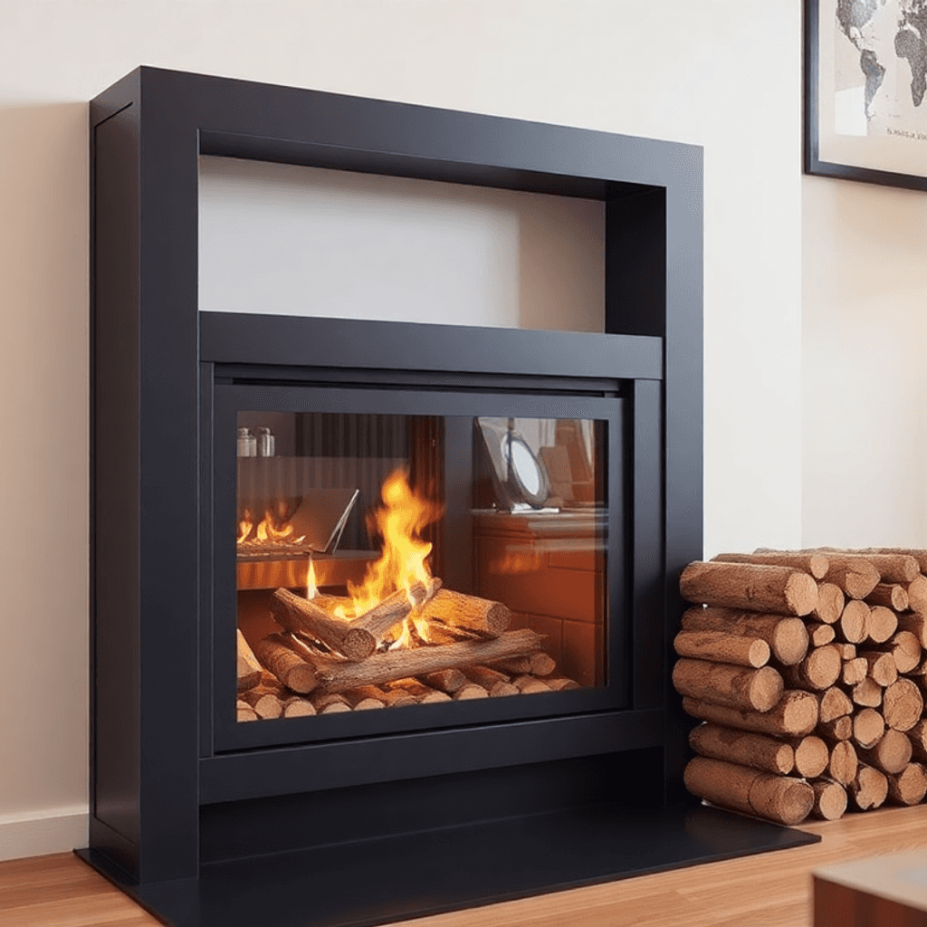 Hygge stue med moderne pejs og pænt stablede cylindriske briketter ved siden af, der fremhæver varme og miljøvenlig opvarmning.