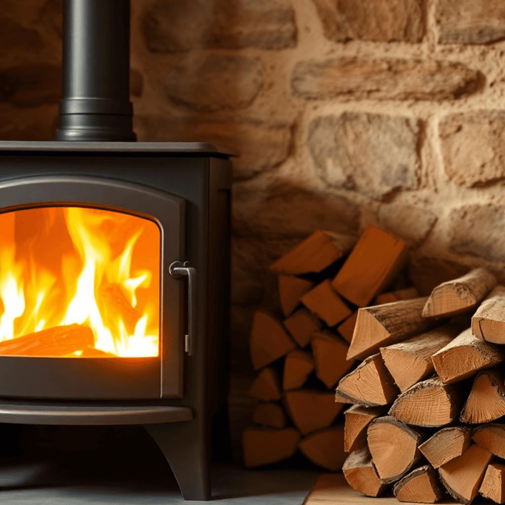 Hyggelig indendørs scene med en brændeovn, der udsender varme flammer, og pænt stablede naturtræbriketter ved siden af, hvilket fremhæver miljøvenl...