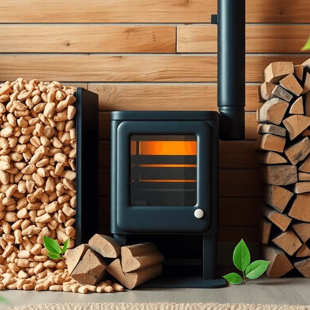 Hyggelig moderne hjemmeopvarmningssetup med stablede træpiller og briketter, varme nuancer og miljøvenlige symboler som grønne blade og ikoner for ...