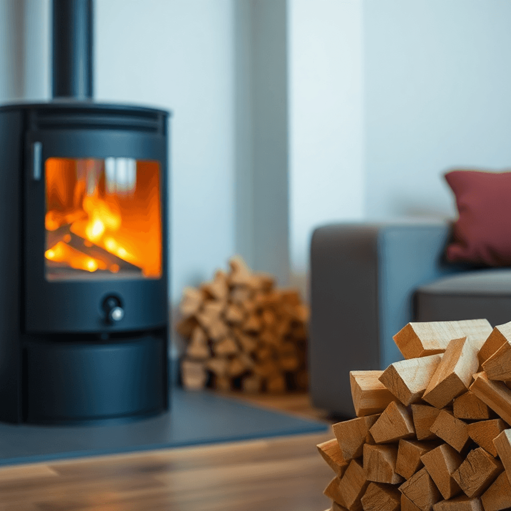 Hyggelig stue med en moderne brændeovn, der stråler varmt, stablede træbriketter ved siden af den, og blød ambient belysning, der forbedrer den ind...