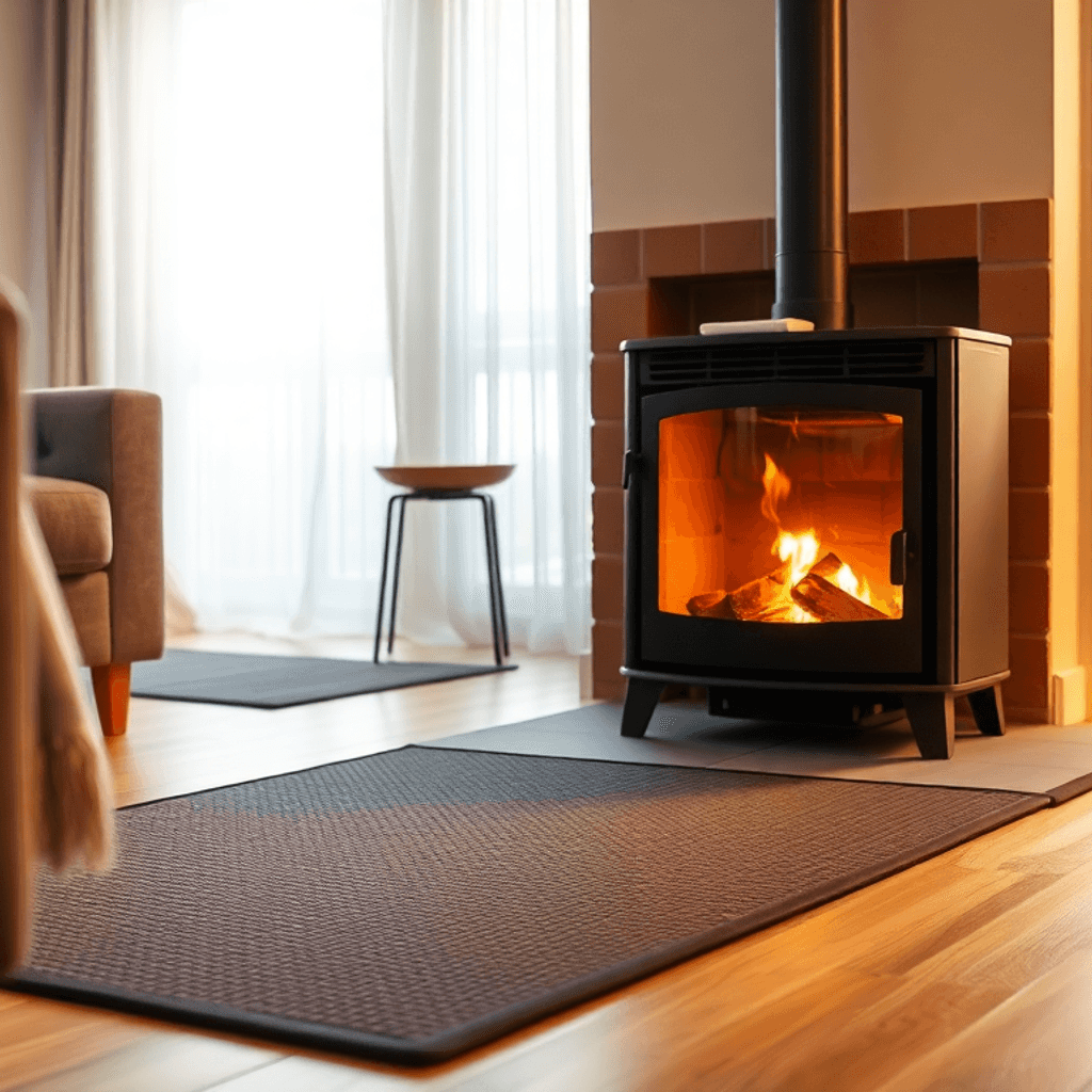 Hyggelig stue med en moderne brændeovn, klar glasdør, brandsikker måtte, sikker afstand til møblerne og varm stemningsbelysning.