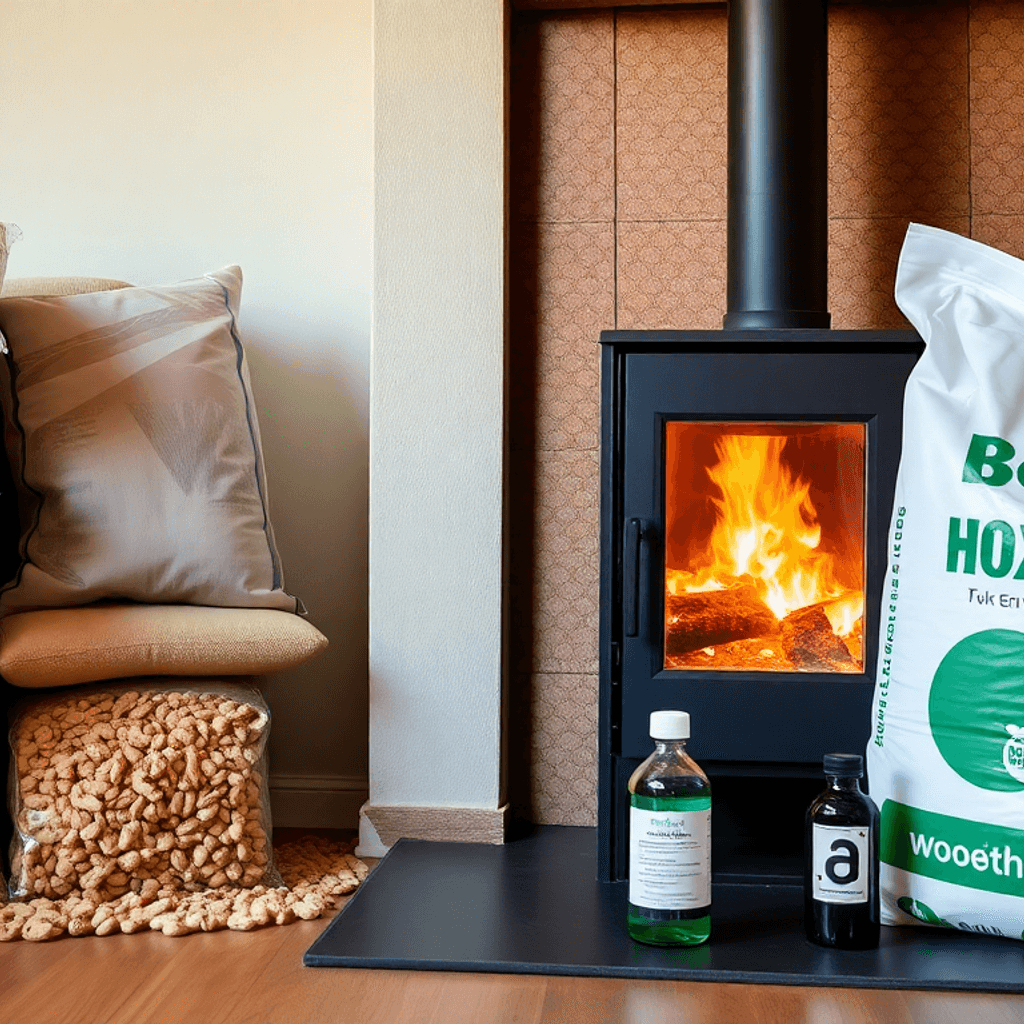 Hyggeligt hjem med moderne brændeovnsindretning, omgivet af stablede træpiller, briketter og en flaske bioethanol.