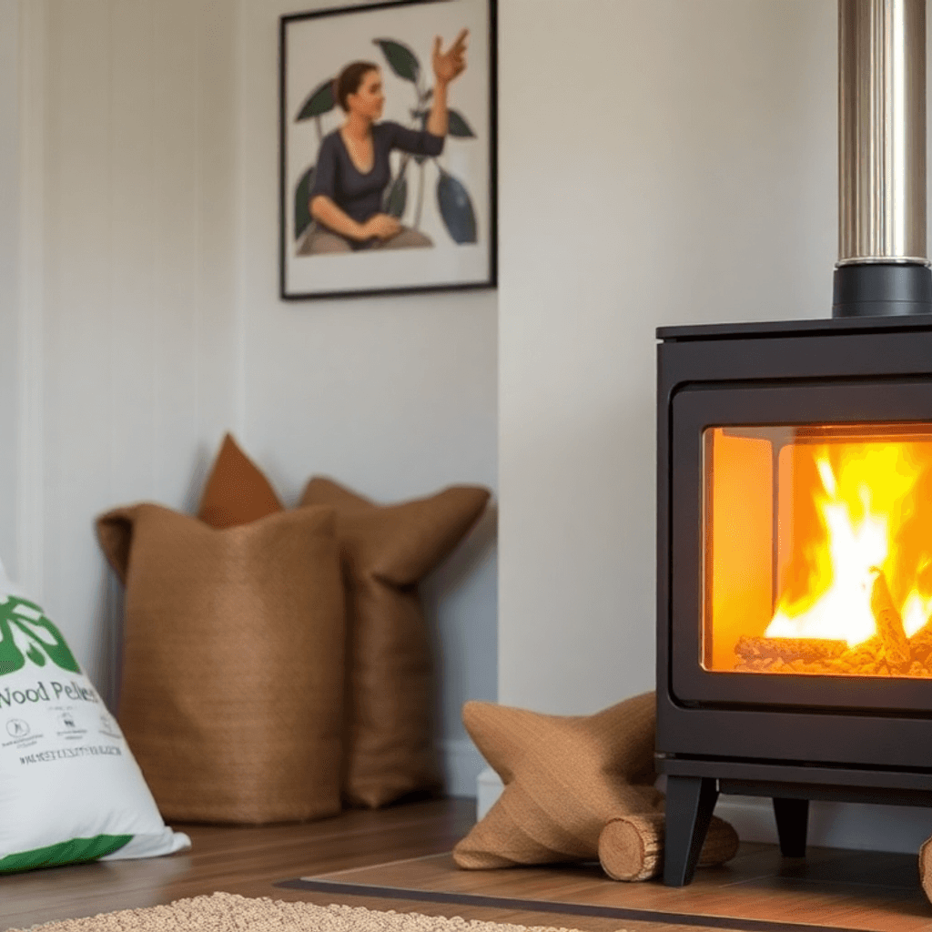 Hyggeligt moderne interiør med en glødende træpilleovn, poser med piller, små brædder og grønne planter, der fremhæver miljøvenlig opvarmning.