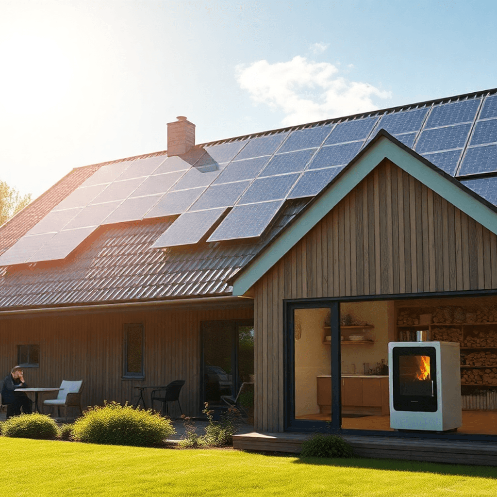 Moderne dansk hjem med solpaneler og brændeovnstok, omgivet af grønne områder under en solrig himmel, der viser bæredygtig energi og miljøvenlig op...