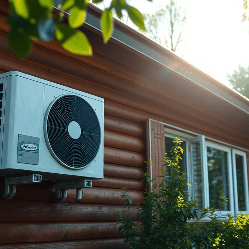 Moderne luft-til-luft varmepumpe monteret på en sommerhus ydervæg, omgivet af frodig beplantning og badet i blødt sollys.