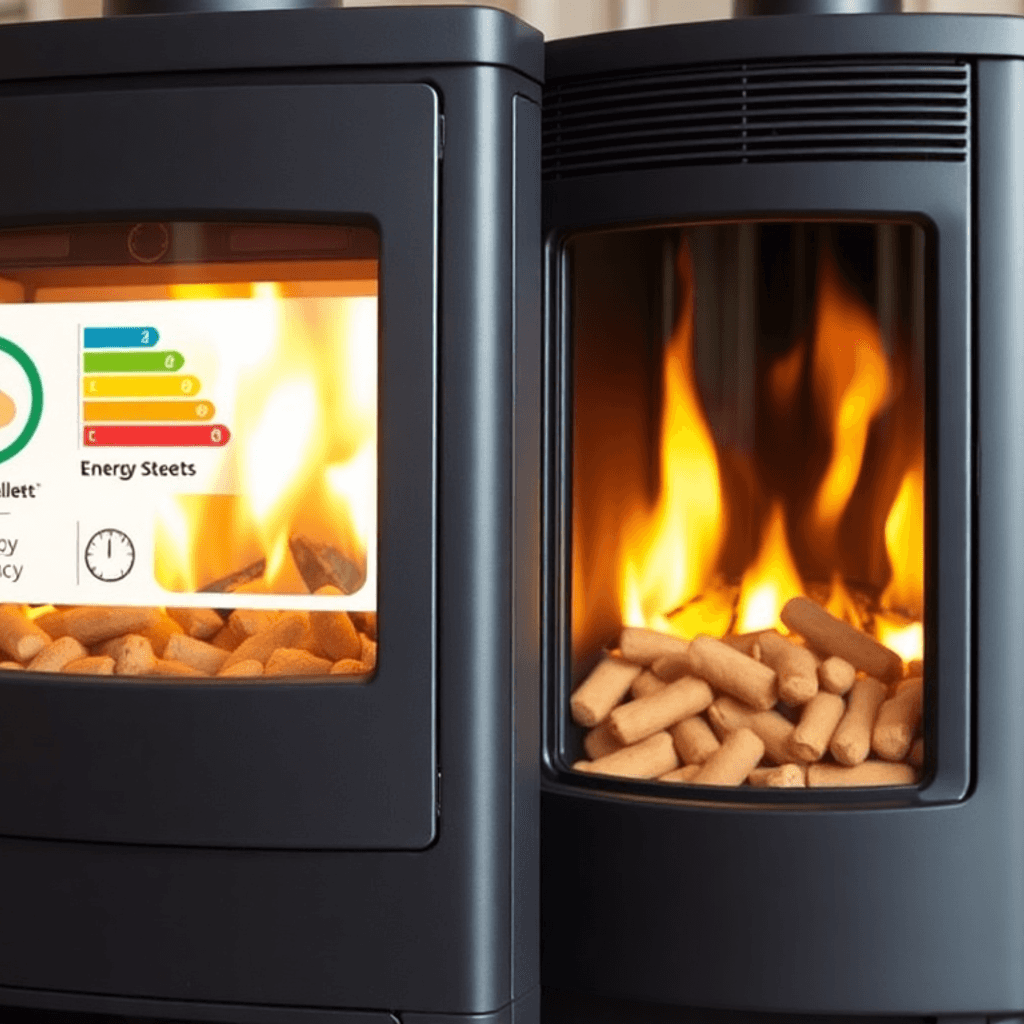 Moderne pejsebrændeovn, der brænder træpiller med energimærke i hyggeligt hjem, fremhæver bæredygtighed og besparelser.