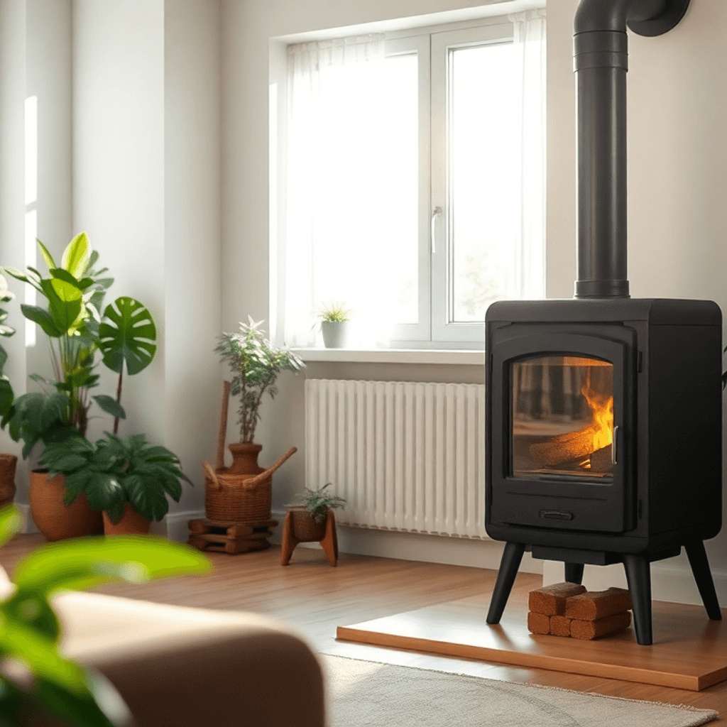 Moderne stue med en brændeovn, naturlige træstammer, grønne planter og sollys, der strømmer ind gennem et vindue og skaber en hyggelig atmosfære.