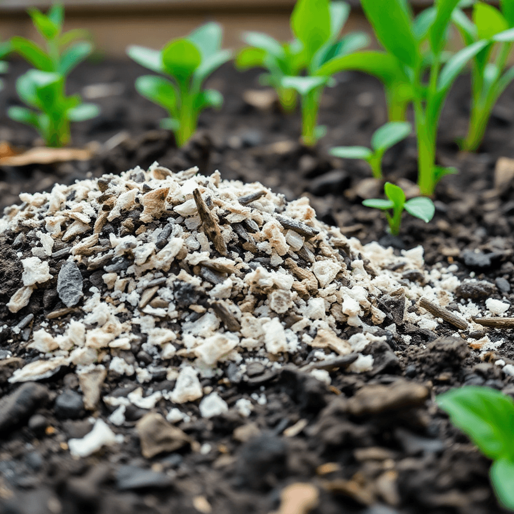 Nærbillede af naturlig træaske på rig jord med livfulde grønne planter, der vokser i en have, som symboliserer naturlig gødning og forbedring af jo...