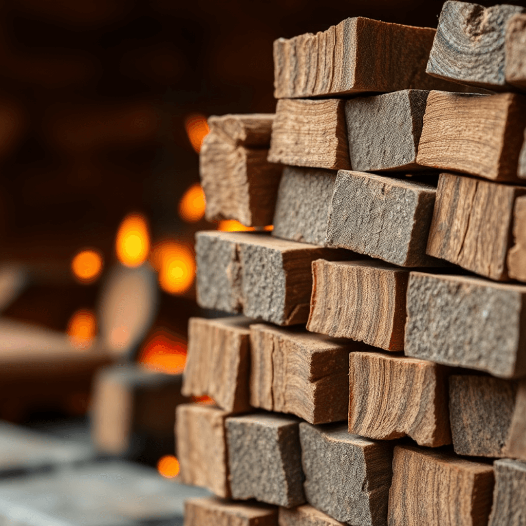 Nærbillede af pænt stablede briketter af træ med tæt tekstur, varme glødende gløder, der blødt lyser baggrunden.