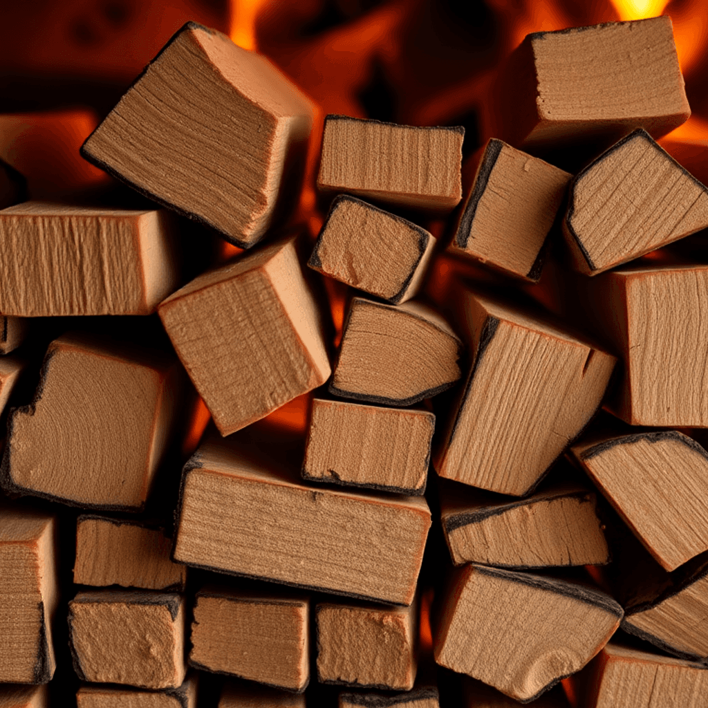 Nærbillede af pænt stablede træbriketter, der gløder blidt i en varm pejs, og viser ren, effektiv forbrænding med minimal aske.