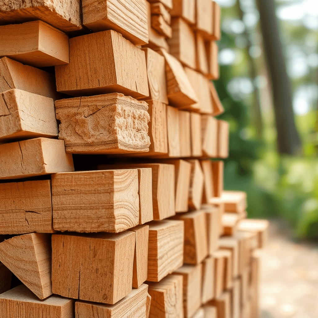 Nærbillede af pænt stablede træbriketter med ensartet form og tekstur mod en naturlig udendørs baggrund.