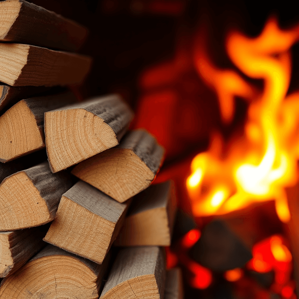 Nærbillede af pænt stablede træbriketter med glødende gløder i baggrunden, der fremhæver naturligt brændstof til effektiv opvarmning.