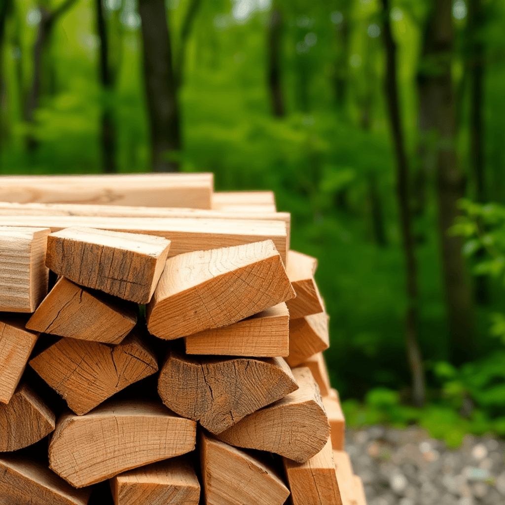 Nærbillede af pænt stablede træbriketter med synlig tekstur, sat mod en frodig grøn skovbaggrund, der symboliserer miljøvenlig energi.
