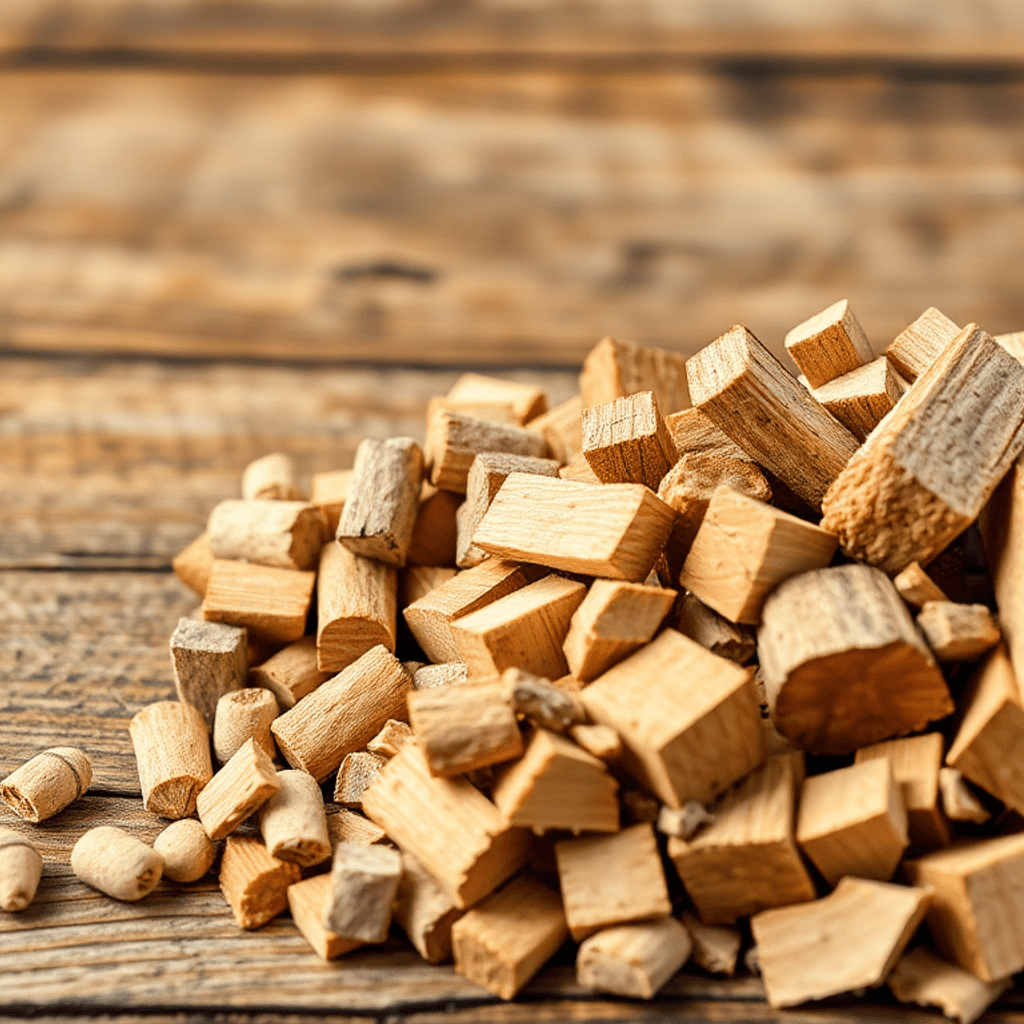Nærbillede af stablede træpiller, chips og briketter på rustikt træ, der fremhæver naturlige teksturer og varmt lys.