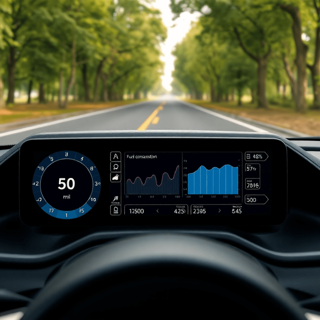 Bilens instrumentbræt viser en digital brændstofforbrugsapp med grafer og kilometerstand, sat op mod en vej omgivet af grønne træer, der symboliser...