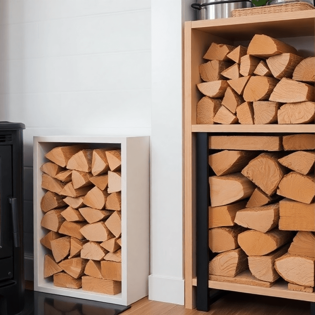 Hyggelig hjemmeinteriør med stablede træbriketter ved siden af en moderne brændeovn, der fremhæver varme og effektiv, bæredygtig opvarmning.