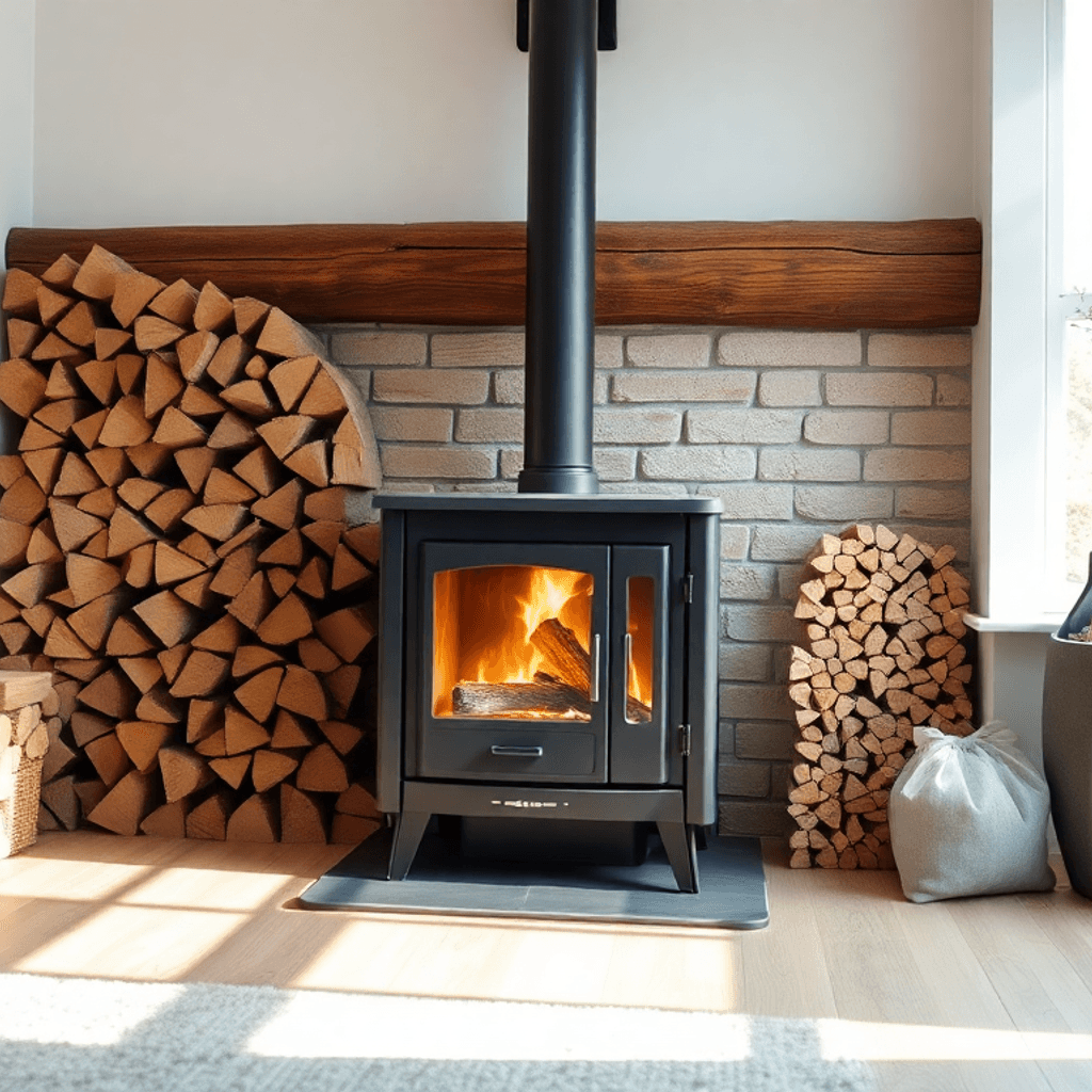 Hyggelig moderne stue med brændeovn, stablet brænde, miljøvenlige pellets og sollys, der filtrerer gennem et vindue.