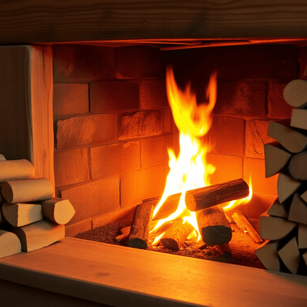 Hyggelig rustik pejs med klare flammer, stablede bøgtræsbriqetter, naturlige træstrukturer og varmt blødt lys, der fremhæver miljøvenlig opvarmning.