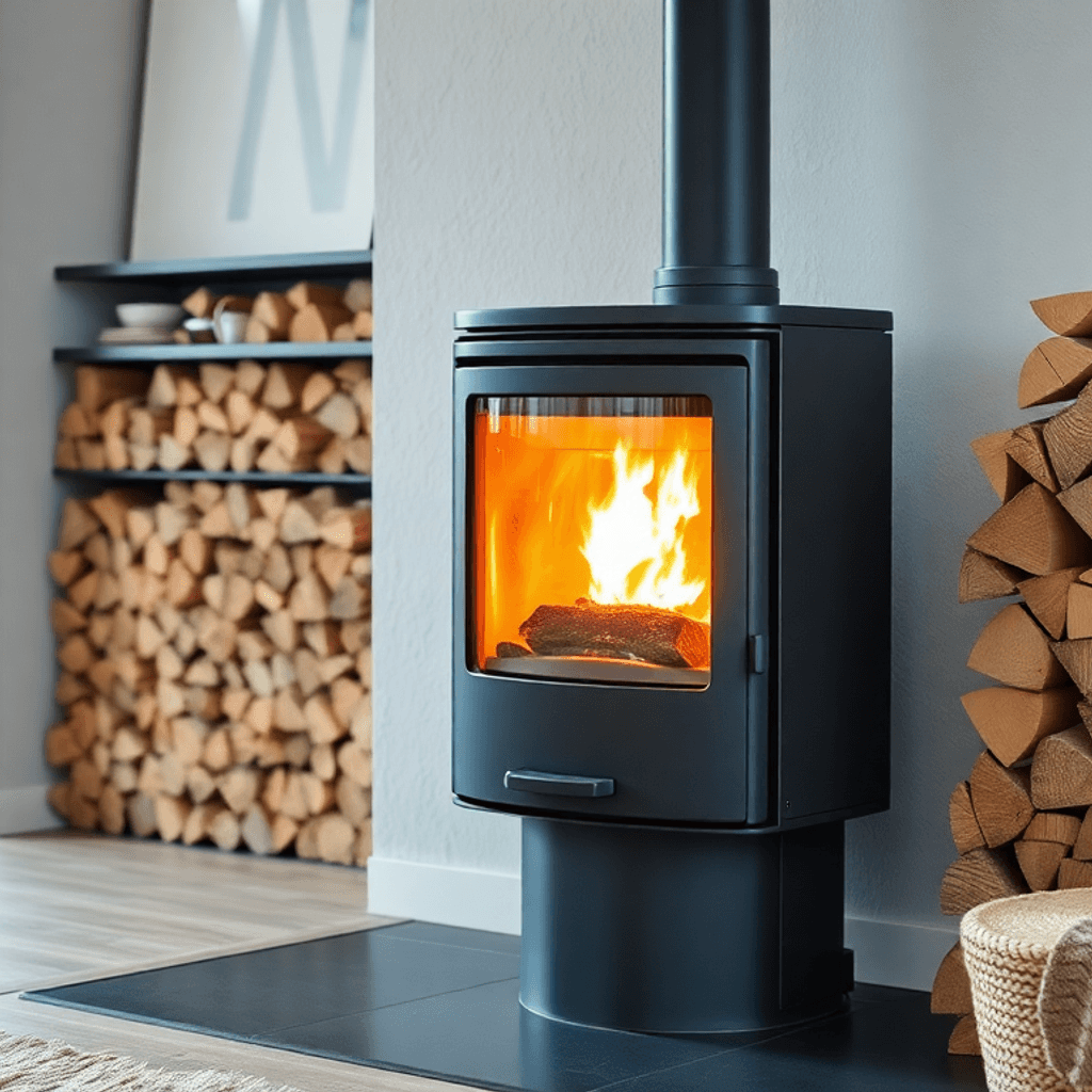 Hyggelig skandinavisk indretning med en glødende brændeovn og pænt stablede naturtræsbriqetter, der fremhæver miljøvenlig opvarmning og bæredygtighed.