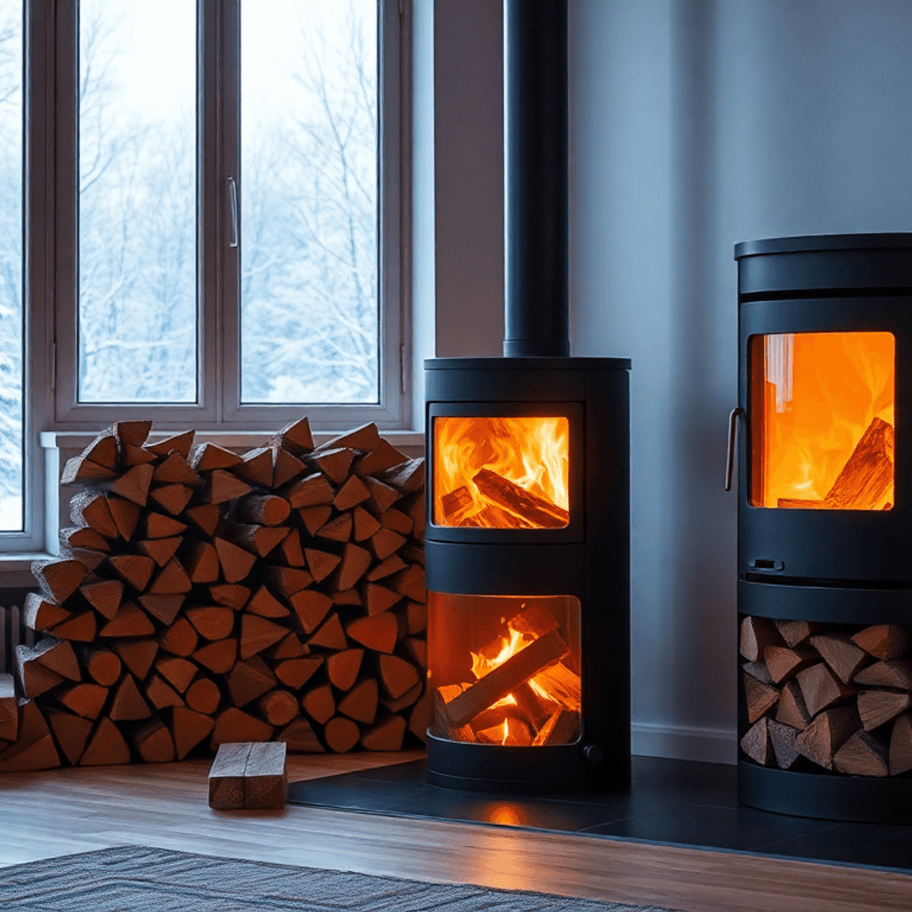 Hyggelig skandinavisk stue med en moderne brændeovn, lysende ild, stablede briketter og en snedækket vinterscene synlig gennem vinduet.