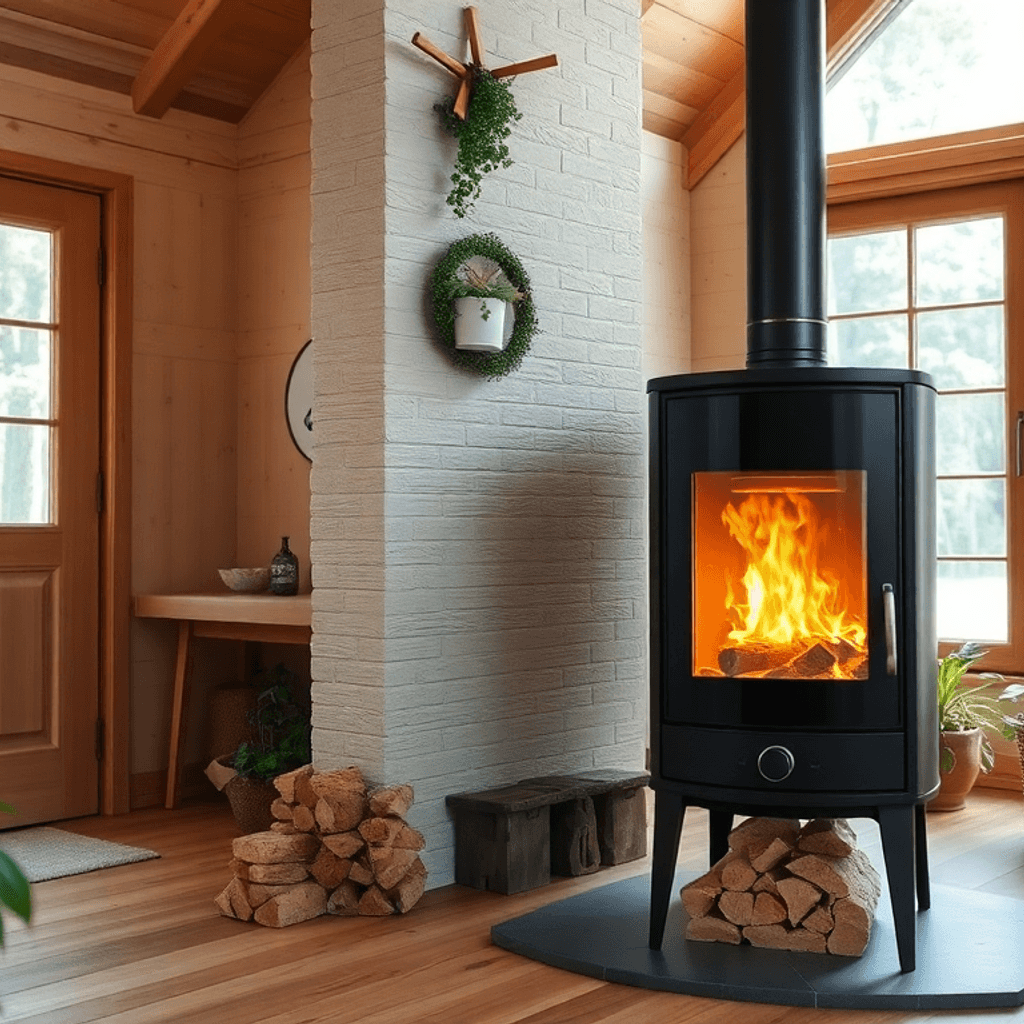 Hyggelig sommerhusinteriør med moderne brændeovn, naturlige træelementer, grønne planter og miljøvenlig opvarmning i en varm og indbydende atmosfære.