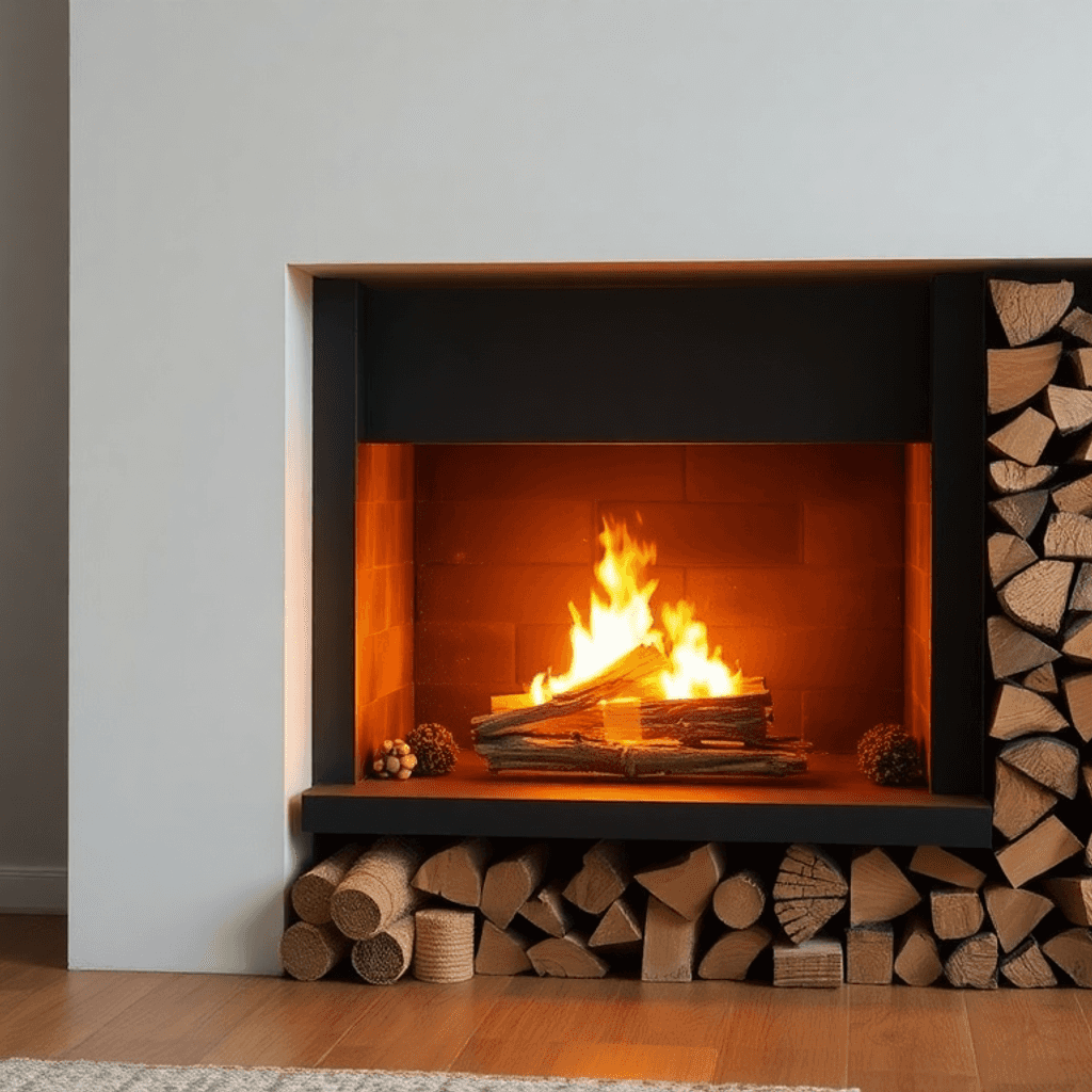 Hyggelig stue med en moderne åben pejs, glødende flammer og pænt stablede træbriketter, der viser miljøvenlig opvarmning.