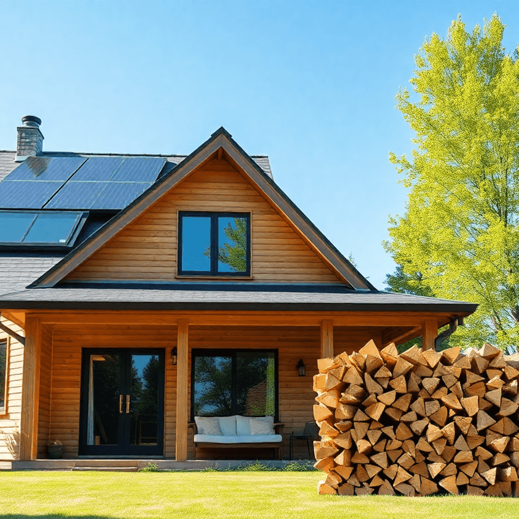 Hyggeligt moderne hjem med solpaneler, stablede træbriketter, grønne træer og en lys blå himmel, der viser bæredygtige varme løsninger.