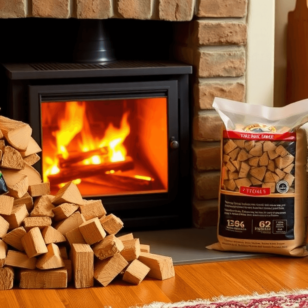 Hyggeligt rum med en brændeovn, stabler af løse og pakkede træbriketter, varmt lys der skaber en behagelig atmosfære.