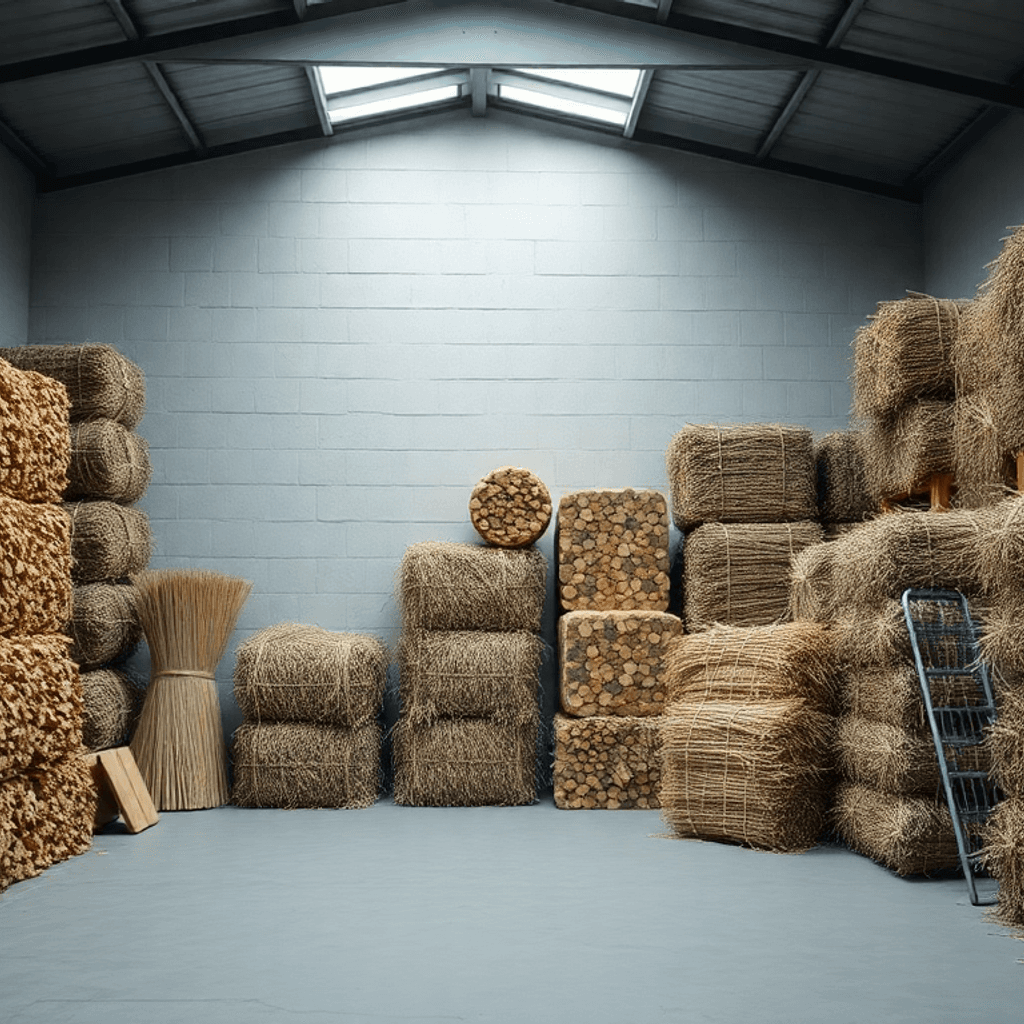 Indendørs opbevaring med pænt stablede fliseark, stråbunde og biomasse-materialer, blødt belyst med minimale støvpartikler svævende i luften.