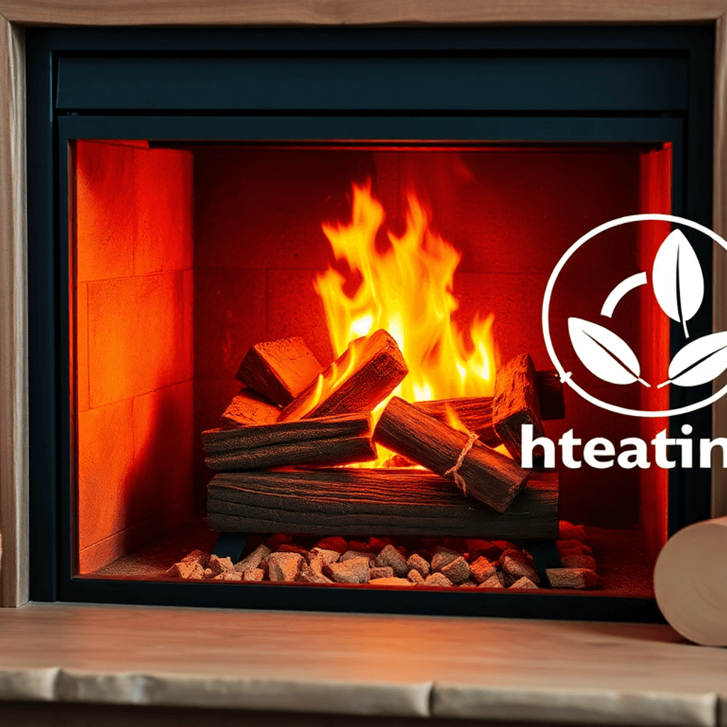 Moderne pejs med glødende træbriketter, naturlige træomgivelser og miljøvenlige symboler, der fremhæver bæredygtig opvarmning af hjemmet.