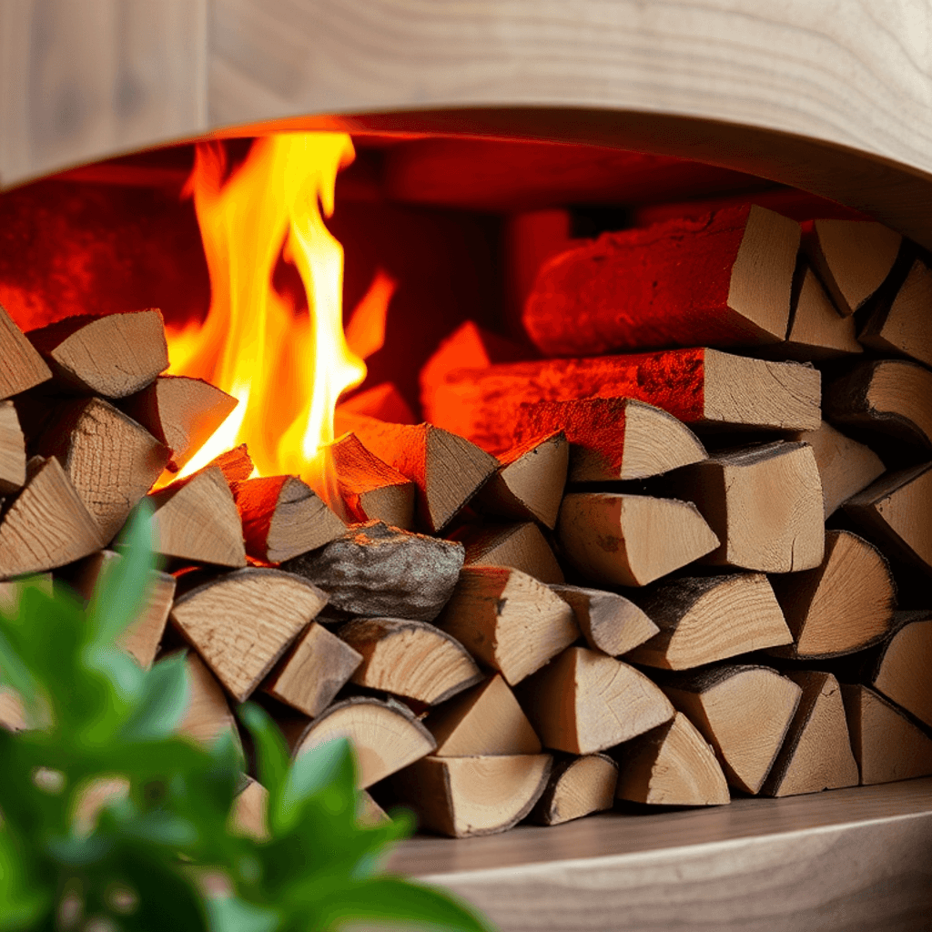 Nærbillede af glødende træbriketter stablet i en pejs med træstrukturer og grønne planter, der fremhæver miljøvenlig opvarmning og vedvarende energi.