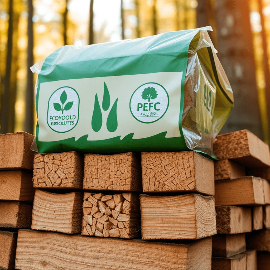 Nærbillede af miljøvenlige træbriketter med FSC- og PEFC-logoer stablet mod en skovbaggrund, der fremhæver bæredygtighed og ansvarligt skovbrug.