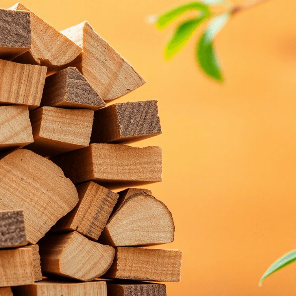 Nærbillede af miljøvenlige træbriketter stablet med grønne blade og varme jordfarver, der symboliserer bæredygtig opvarmning og miljøpleje.