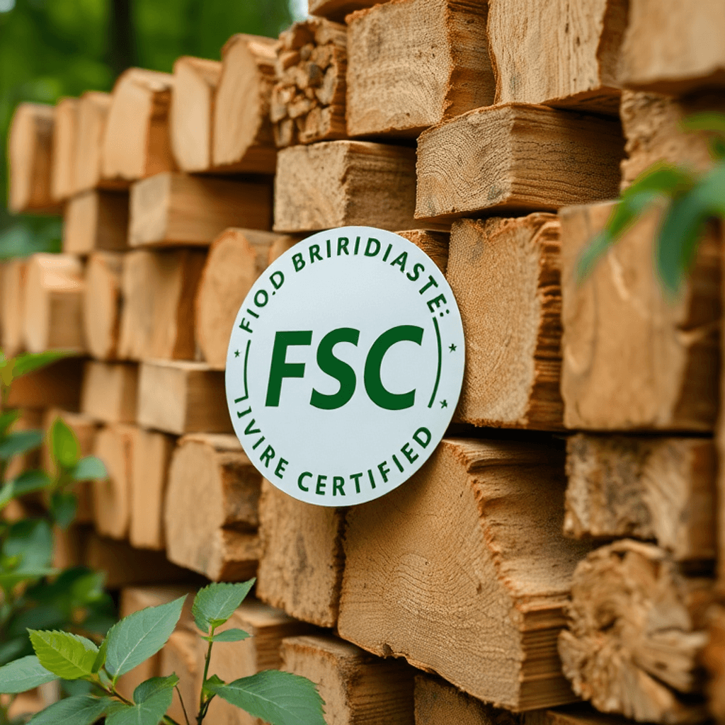 Nærbillede af stablede træbriketter med grøn skovbaggrund og synlig FSC-certificeringslabel, der fremhæver bæredygtighed og miljøvenlig skovdrift.