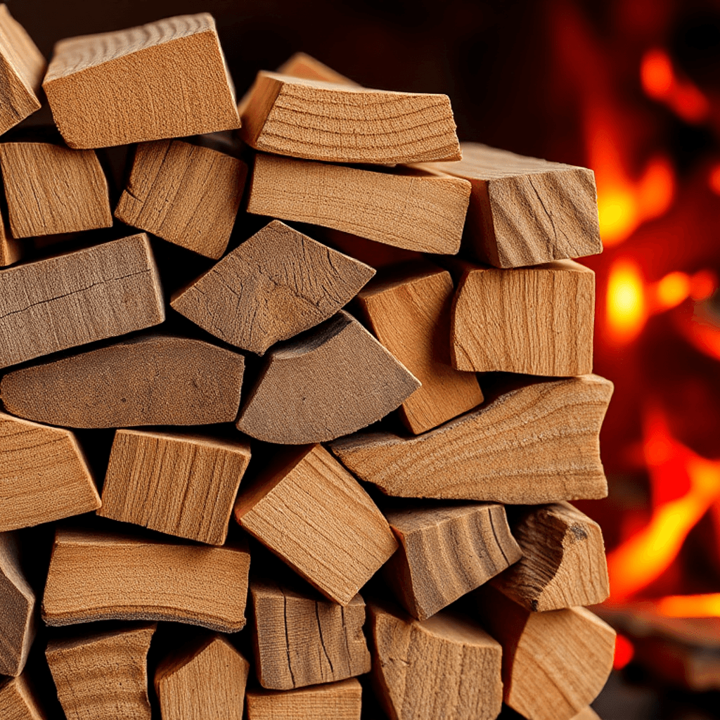 Nærbillede af stablede træbriketter med synlig tekstur og årer, glødende gløder i baggrunden, der symboliserer varme og energi.