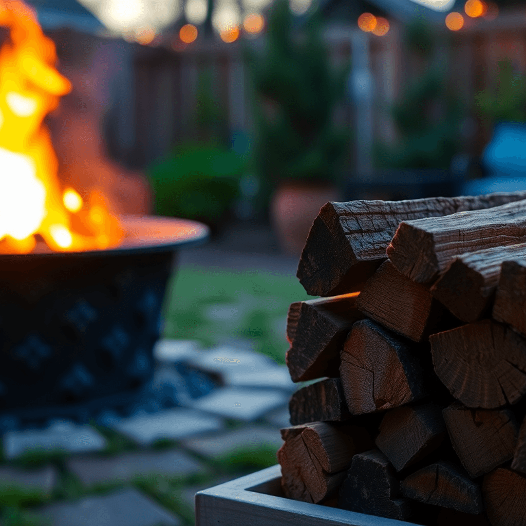 Nærbillede af stablede træbriketter ved siden af en glødende bålplads med varme flammer og røg i en hyggelig baghave ved skumringstid.