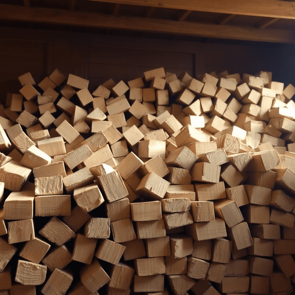 Stablede træbriketter i et tørt, velbelyst opbevaringsområde, der viser deres tekstur og kompakte, miljøvenlige brændstofform.